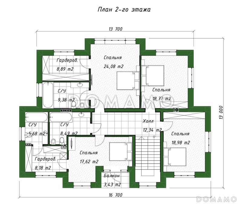 Проект двухэтажного дома из газобетона с пристроенным навесом, верандой и камином / План 2 этажа