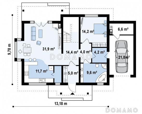 Проект классического мансардного дома из газобетона с дополнительной спальней на первом этаже, с эркером и гаражом / План 1 этажа