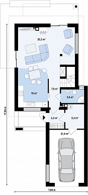 Проект небольшого двухэтажного дома из газобетона с тремя спальнями и балконом, с гаражом / План 1 этажа