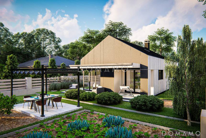 Проект одноэтажного загородного дома небольшой площади с гаражом, двумя спальнями с большими окнами