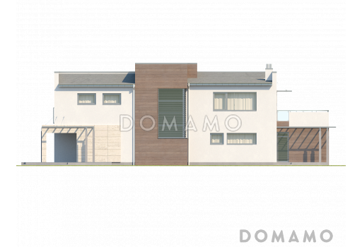 Проект современного двухэтажного дома в стиле хай-тек из кирпича с плоской крышей, балконом и гаражом с двумя отдельными въездами / Фасад 3