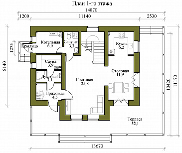 Проект двухэтажного кирпичного дома со вторым светом, просторной крытой террасой и сауной / План 1 этажа