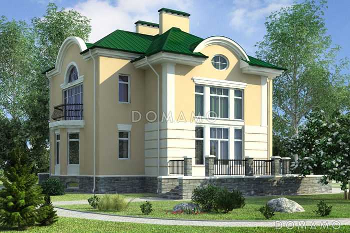 Проект дома с цокольным этажом, бассейном и сауной, кухней с эркером, открытой террасой, бильярдной на мансарде