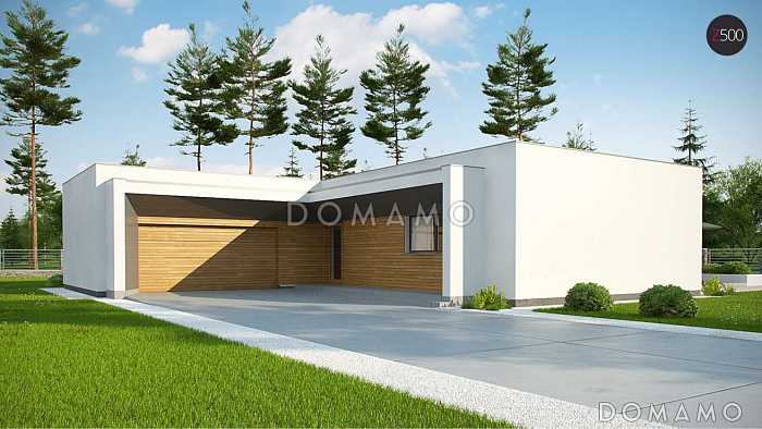 Проект современного одноэтажного углового дома из газобетона с плоской крышей, с тремя спальнями и двухместным гаражом 