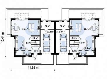 Проект современных мансардных домов-близнецов из газобетона с гаражом, тремя спальнями и балконом / План 1 этажа