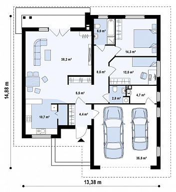 Проект одноэтажного дома из газобетона с просторной гостиной, большим гаражом и двумя спальнями / План 1 этажа