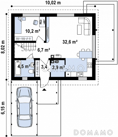 Проект одноэтажного мансардного дома из кирпича с навесом для автомобиля / План 1 этажа