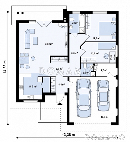Проект одноэтажного дома из газобетона с просторной гостиной, большим гаражом и двумя спальнями / План 1 этажа