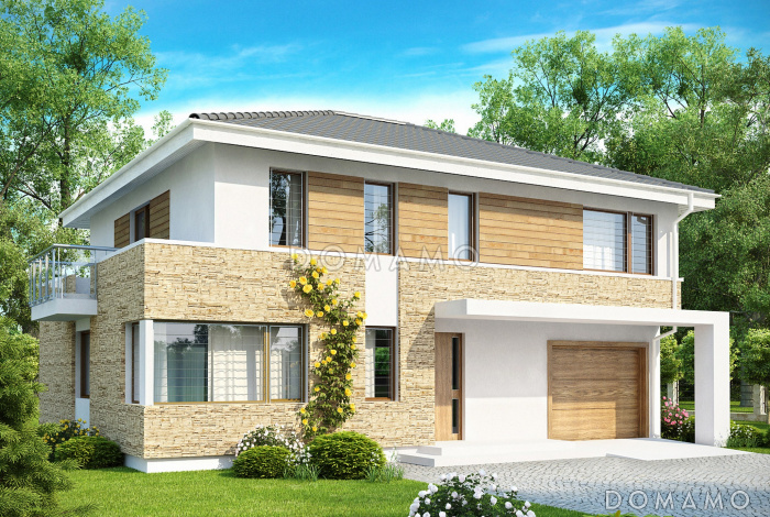 Проект современного двухэтажного дома из кирпича с четырьмя спальнями, балконом и встроенным гаражом