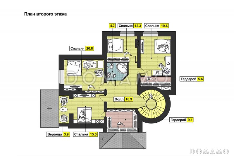 Проект дома с застекленным холлом, полукруглым крыльцом, сауной и четырьмя спальнями на мансарде / План мансардного этажа