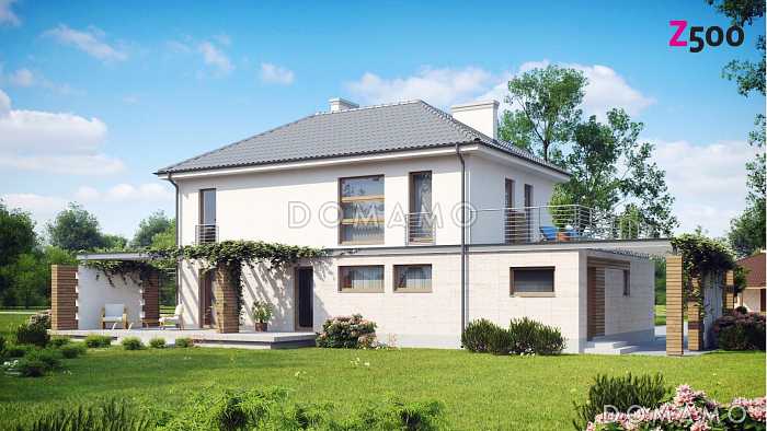 Проект двухэтажного дома из кирпича с четырьмя комнатами, гаражом и открытой террасой над ним