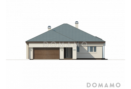 Проект одноэтажного дома из кирпича со стеклянным эркером в просторной гостиной и гаражом на два автомобиля / Фасад 4