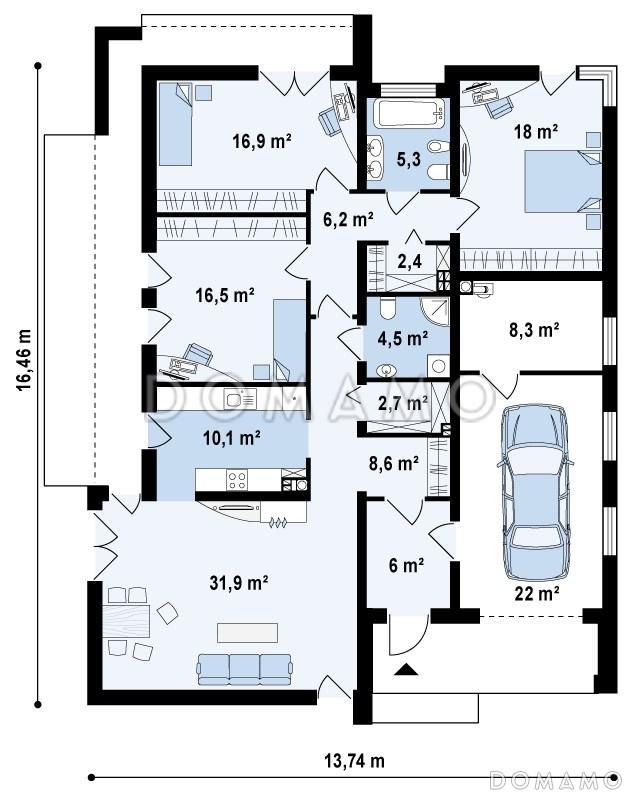 Проект современного одноэтажного дома из кирпича с плоской крышей с тремя спальнями и гаражом / План 1 этажа