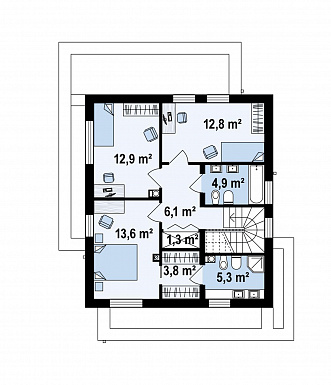 Проект хорошо зонированого двухэтажного дома с кабинетом, мастер-спальней, кладовой / План 2 этажа