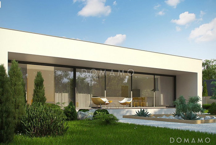 Проект современного одноэтажного дома из кирпича с плоской крышей, большой площадью остекления, с тремя спальнями и большим гаражом