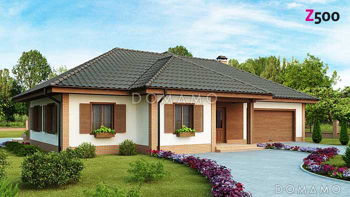 Проект просторного одноэтажного дома из газобетона с большой гостиной и  со встроенным гаражом на два автомобиля 