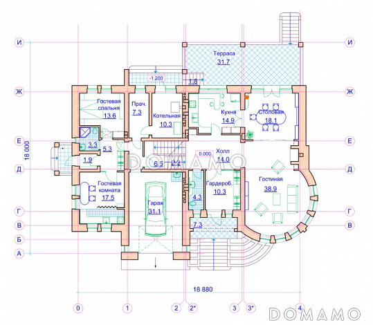 Проект коттеджа с круглой двусветной гостиной и гаражом / План 1 этажа