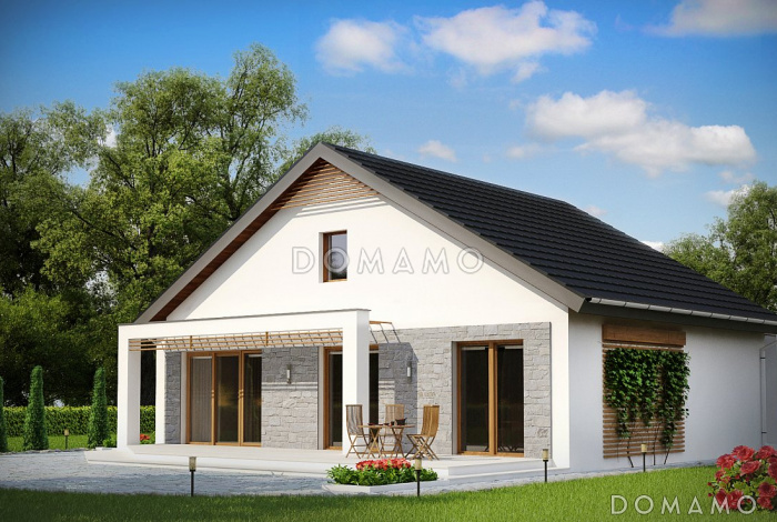 Проект компактного одноэтажного дома из кирпича с двумя спальнями, светлой просторной дневной зоной и большой открытой террасой