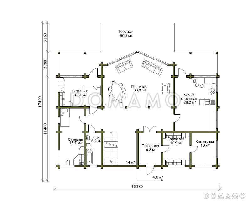 Проект двухэтажного дома из клеенного бруса со вторым светом и двумя балконами / План 1 этажа