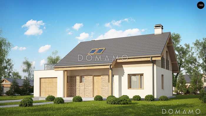 Проект компактного одноэтажного мансардного дома из кирпича с кабинетом, тремя спальнями и открытой террасой над гаражом