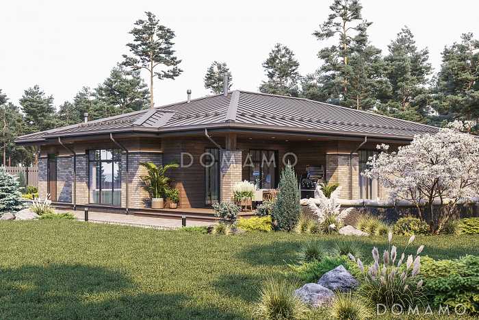 Проект одноэтажного дома с навесом для автомобилей, барбекю на террасе, сауной и 3 спальнями