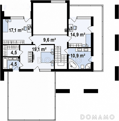 Проект современного двухэтажного дома из газобетона с плоской крышей с четырьмя спальнями, кабинетом, гаражом и большой площадью остекления / План 2 этажа