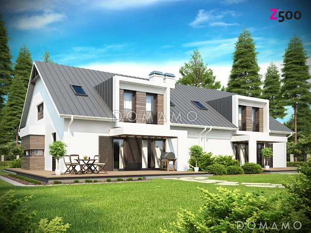 Проект современных мансардных домов-близнецов из кирпича с гаражом, слуховым окном и балконом