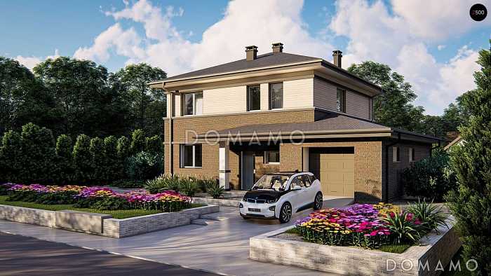 Проект дома с облицовкой первого этажа кирпичом, гаражом на одну машину, гостиной с выходом на террасу