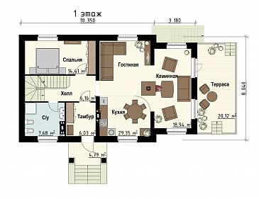Проект загородного дома с бильярдной, парной, спортзалом, каминной зоной / План 1 этажа