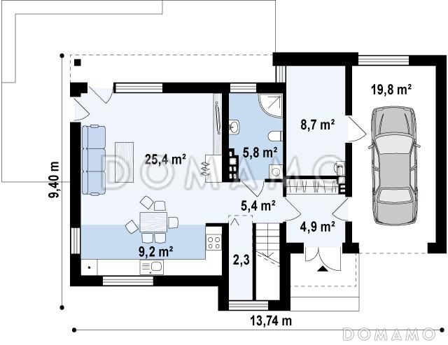 Проект современного двухэтажного дома из кирпича с техническим помещением, гаражом и открытой террасой на втором этаже / План 1 этажа