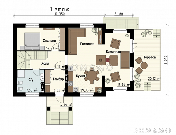 Проект загородного дома с бильярдной, парной, спортзалом, каминной зоной / План 1 этажа