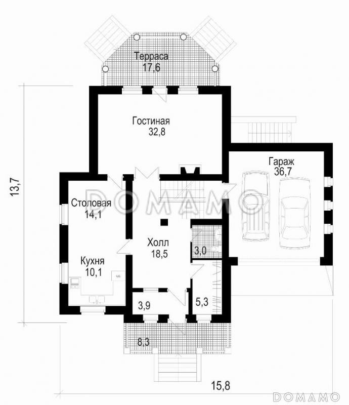 Проект двухэтажного дома из кирпича с мансардой / План 1 этажа