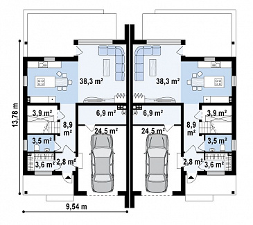 Проект мансардных домов-близнецов из газобетона с гаражом и слуховым окном / План 1 этажа