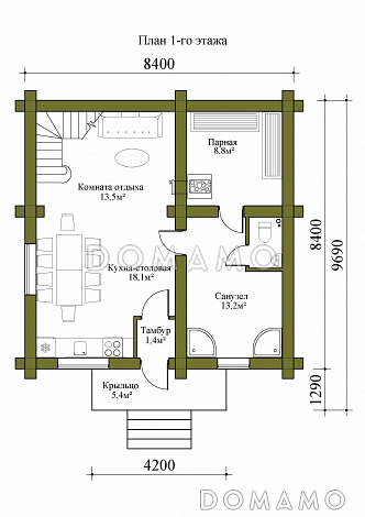 Проект двухэтажной бани из сруба с тремя спальнями / План 1 этажа