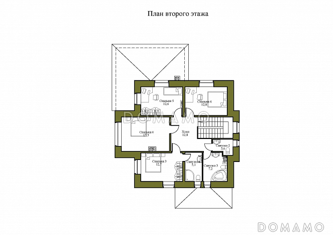 Проект двухэтажного дома из газобетона с двумя каминами на большой террасе и в гостиной / План 2 этажа