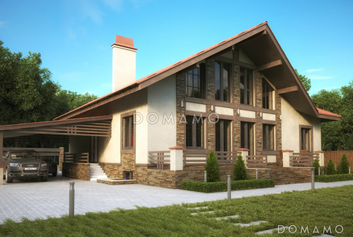 Проект большого современного дома из SIP панелей с цокольным этажом и навесом для двух автомобилей