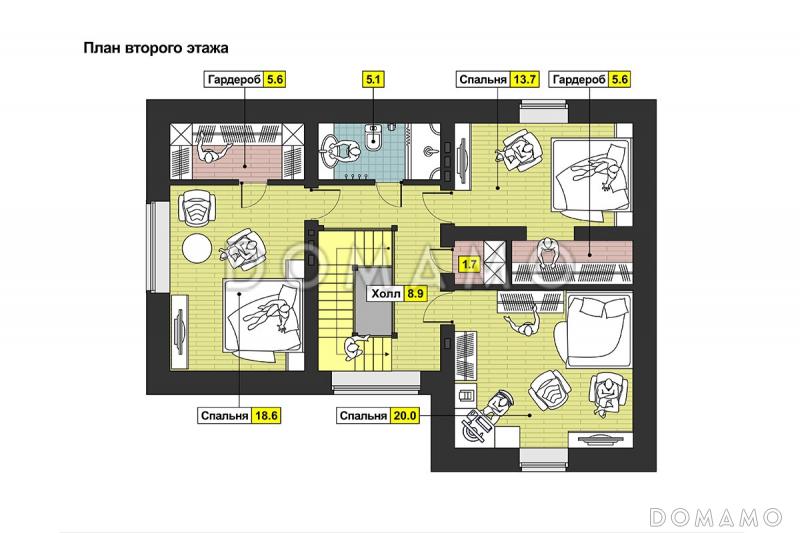 Проект дома с гаражом, мансардными и круглыми окнами, тремя спальными на мансардном этаже / План мансардного этажа