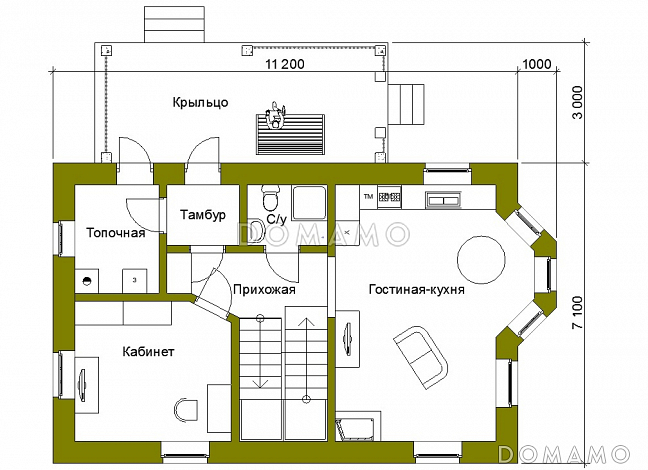 Проект компактного коттеджа в стиле фахверк / План 1 этажа