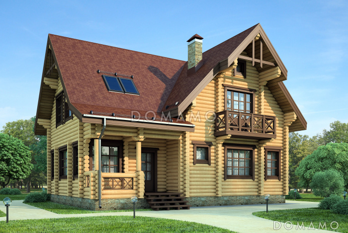 Проект дома из дерева с просторной верандой, четырьмя просторными спальными комнатами