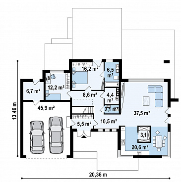 Проект просторного современного двухэтажного дома из газобетона, с пятью комнатами, гаражом и террасой над ним / План 1 этажа