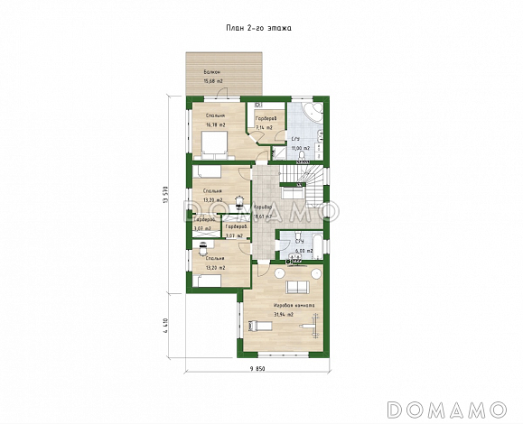Проект двухэтажного дома из газобетона со встроенным гаражом, верандой и спортзалом / План 2 этажа