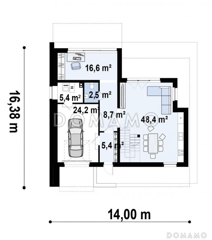 Проект современного дома с гаражом для автомобиля, кабинетом, террасой на втором этаже / План 1 этажа