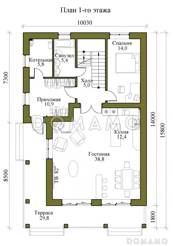 Проект трехэтажного каркасного дома с пятью спальнями, холодным чердаком и подвалом / План 1 этажа