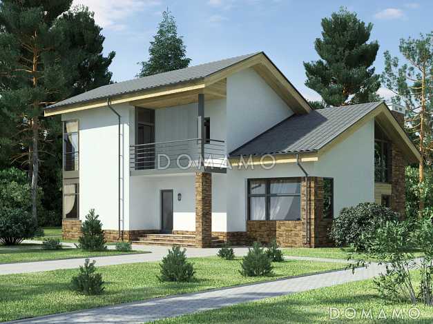 Проект дома с крытой террасой, спальней на первом этаже, постирочной, балконом