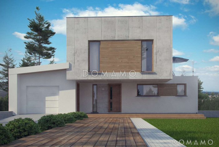 Проект современного двухэтажного дома из газобетона сложной формы с четырьмя спальнями и гаражом