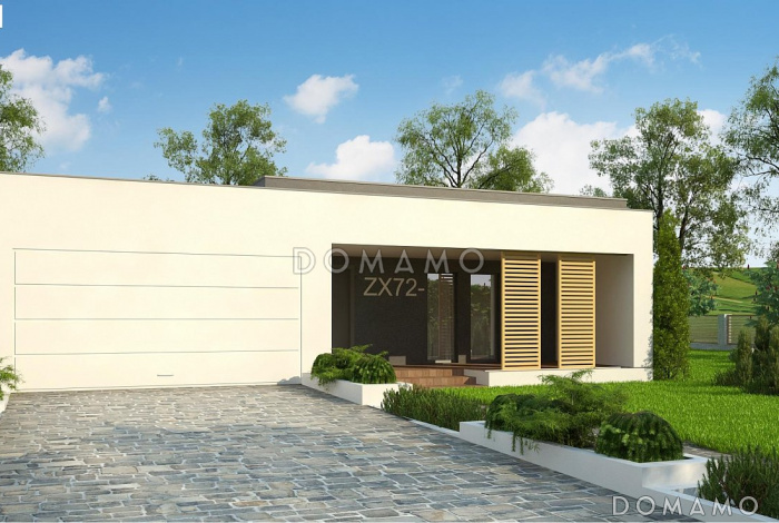 Проект современного одноэтажного дома из кирпича с плоской крышей, большой площадью остекления, с тремя спальнями и большим гаражом