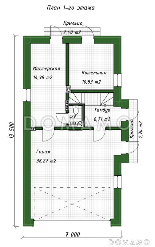 Проект гаража из газобетона с мансардным этажом и облицовкой из кирпича / План 1 этажа