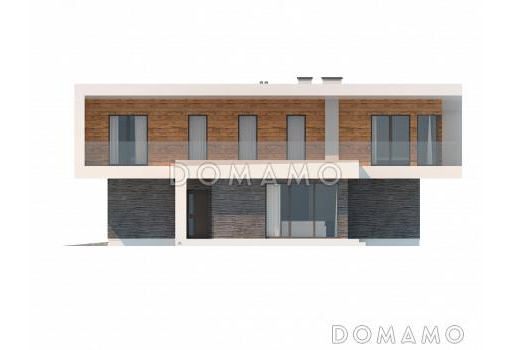 Проект современного двухэтажного дома из газобетона с плоской крышей, четырьмя комнатами и одноместным гаражом / Фасад 3