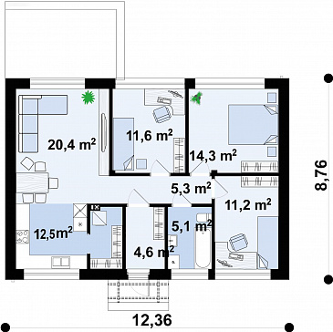 Проект загородного дома с помещениями на одном этаже, двухскатной крышей, тремя спальнями, кладовой на кухне / План 1 этажа
