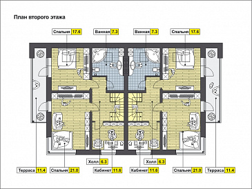 Проект дома на две семьи с террасой, котельной, кухней-столовой и большой гостиной, кабинетом / План мансардного этажа